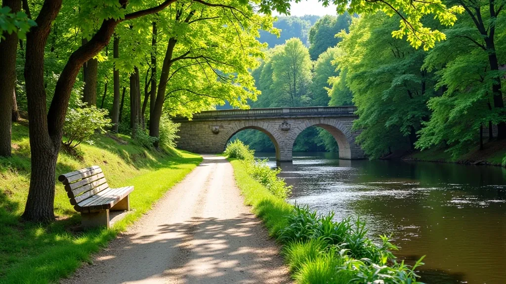 Lehká procházka údolím řeky Dyje s lavičkami na výhledech, zalesněné svahy, starý kamenný most