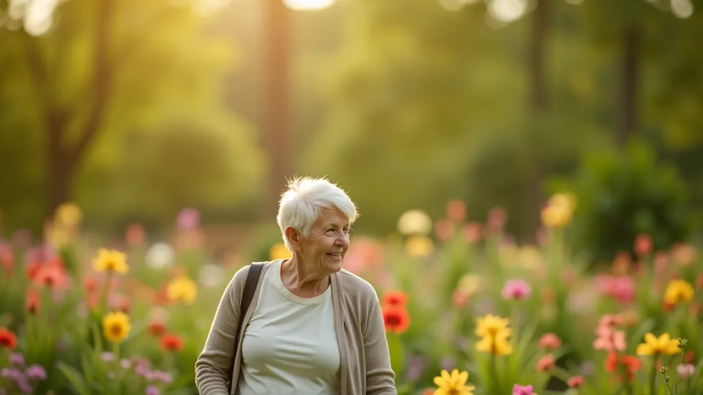 Seniorka v botanické zahradě mezi květinami